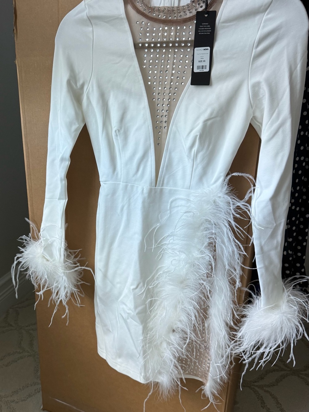Fashion Nova White Plunge Feather-Trim Mini Dress